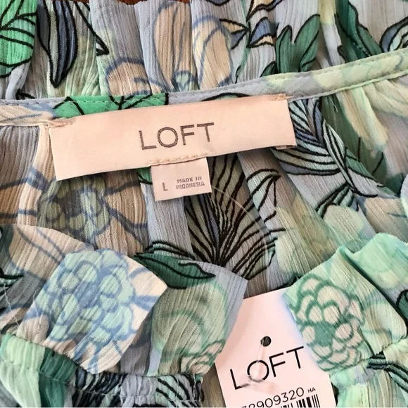 NWT LOFT Blue and Black Green Floral Maxi Dress Layered Ruffles Puff Sleeves - Picture 5 of 15